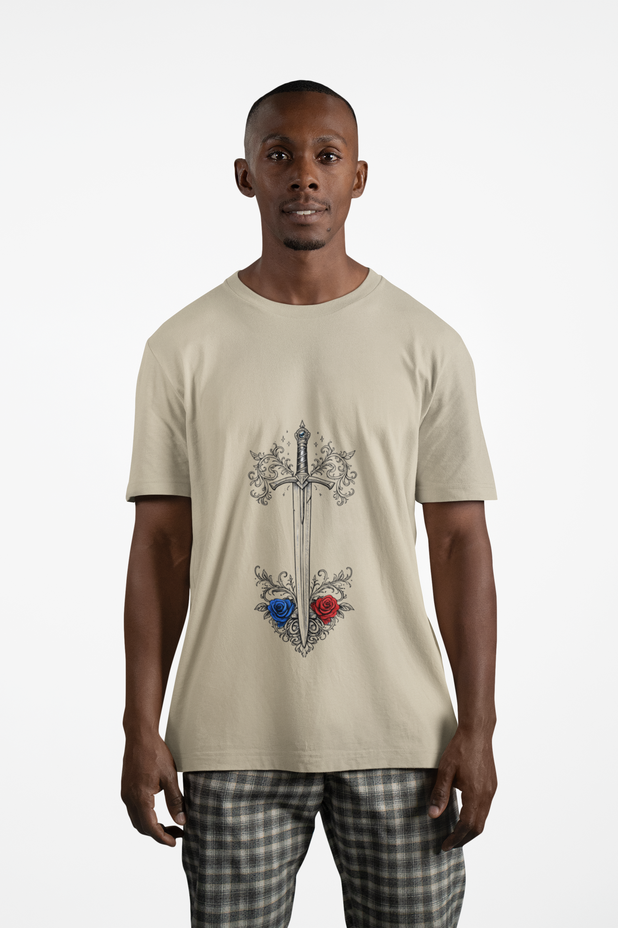 Sword and Roses Graphic Tee — Gothic Floral Sword T‑Shirt (Red & Blue Roses) - Mutantur Labs LLC