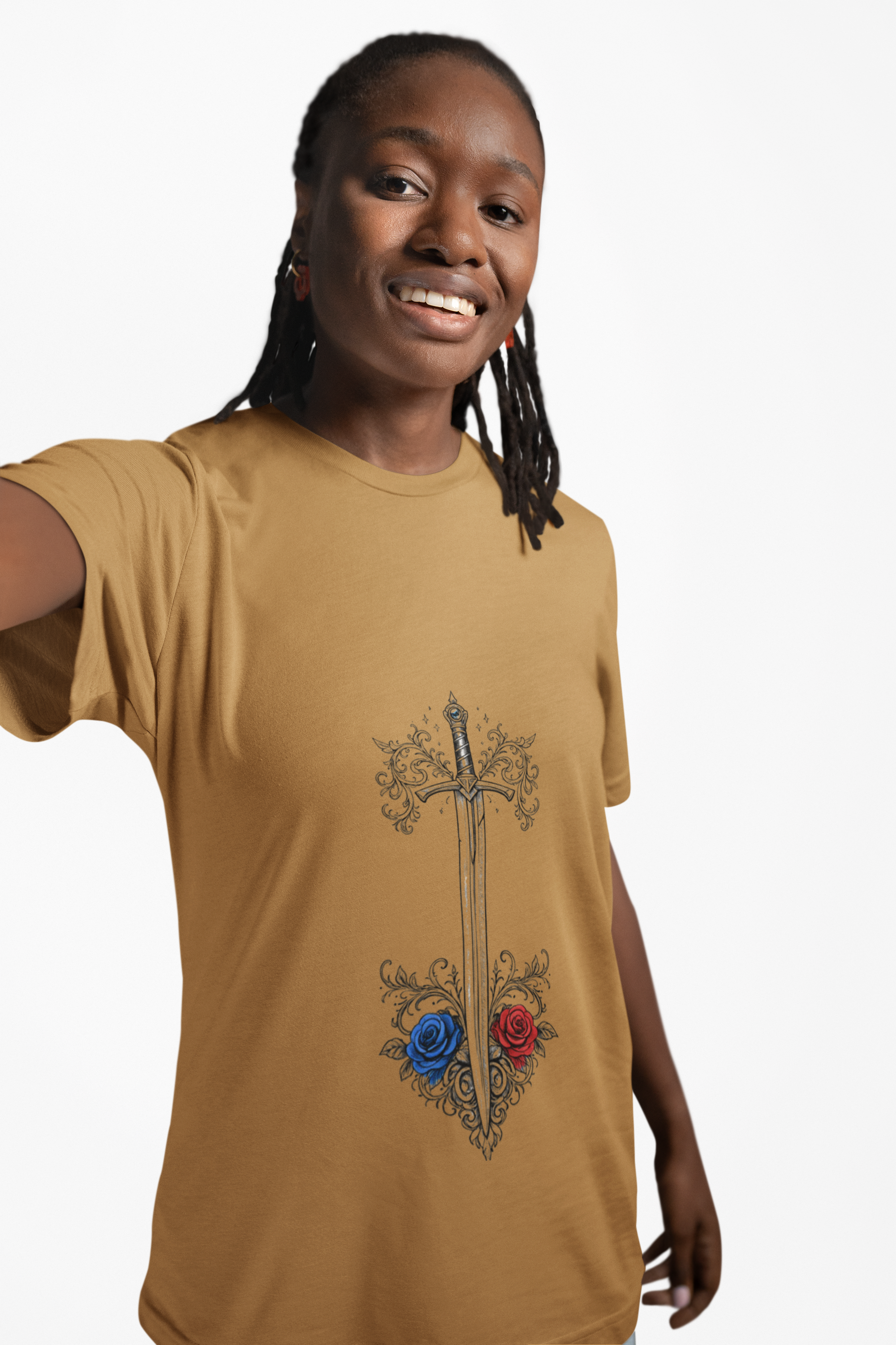 Sword and Roses Graphic Tee — Gothic Floral Sword T‑Shirt (Red & Blue Roses) - Mutantur Labs LLC