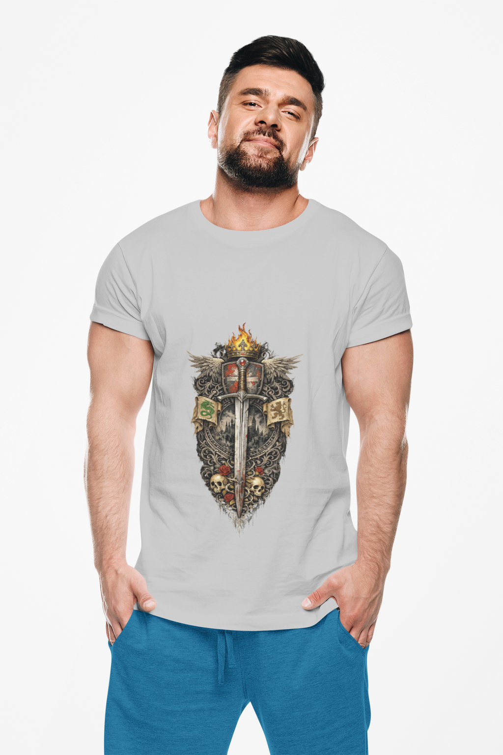 Medieval Sword & Shield T-Shirt — Fantasy Knight Crest Tee - Mutantur Labs LLC