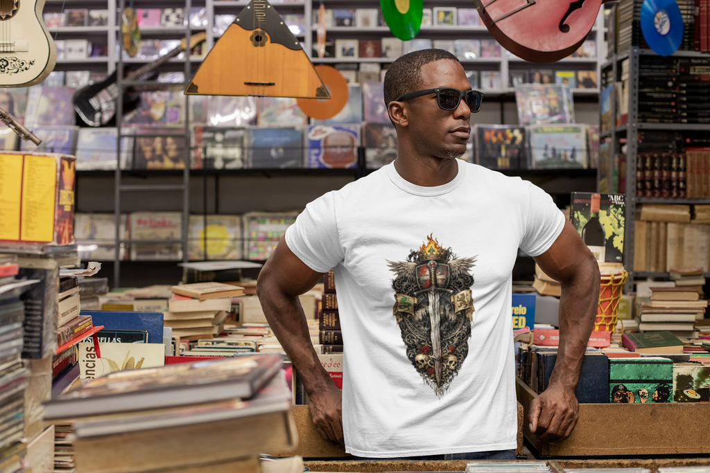 Medieval Sword & Shield T-Shirt — Fantasy Knight Crest Tee - Mutantur Labs LLC