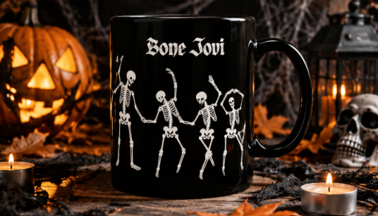 A black ceramic mug with white gothic-style text reading 'Bone Jovi' and a white skeleton dancing with four other skeletons, shown on a rustic Halloween-themed surface with candles, a jack-o'-lantern, spiderwebs, and a skull in the background.