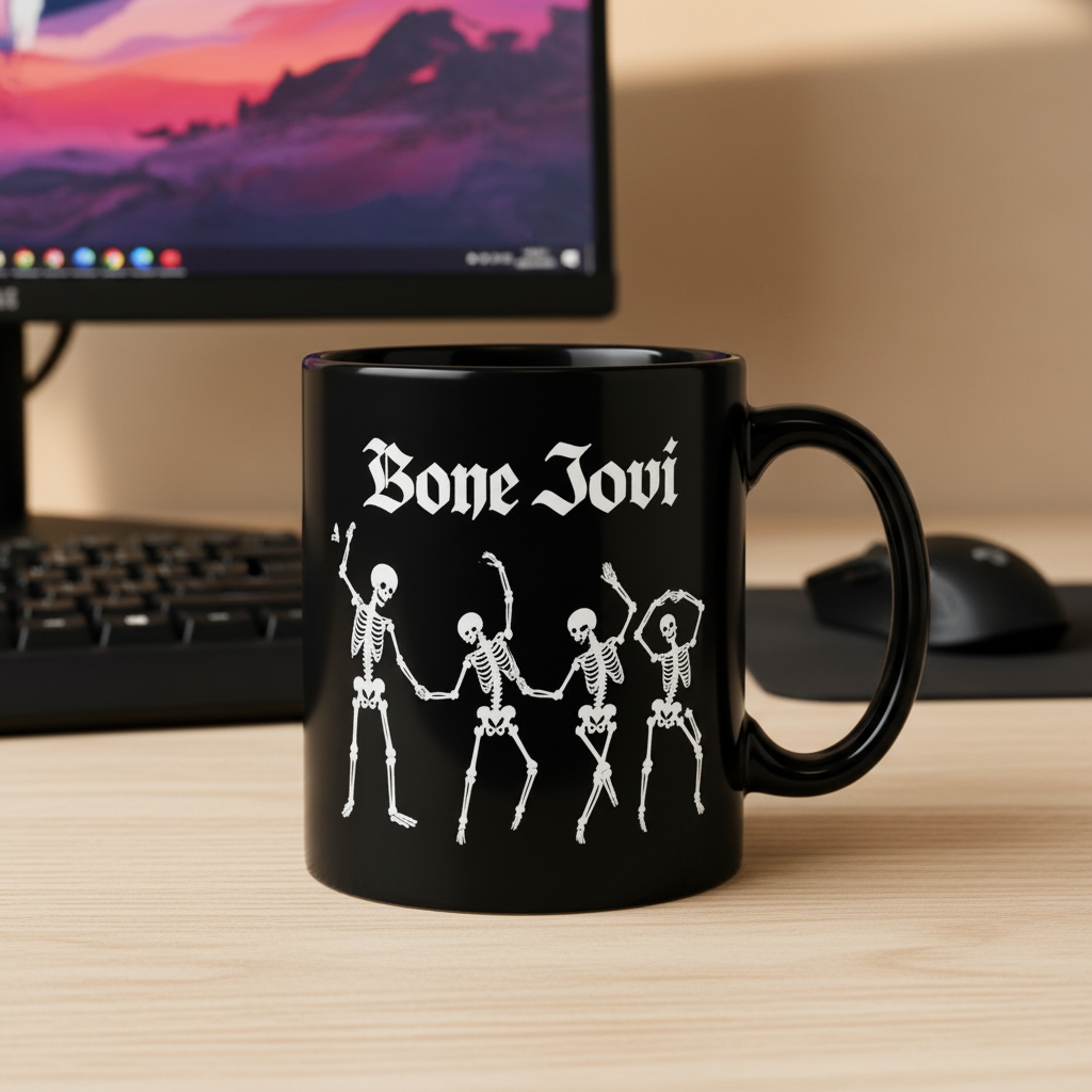 Bone Jovi Dancing Skeletons Halloween 15 oz Black Ceramic Mug
