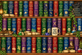 A decorative bookshelf filled with colorful illustrated vintage books, scrolls, jars, and small fantasy-themed props. No person or real environment is present; this is a clean product-style presentation of wall art/decor, so Product/Packaging fits better than Lifestyle or Scenery.