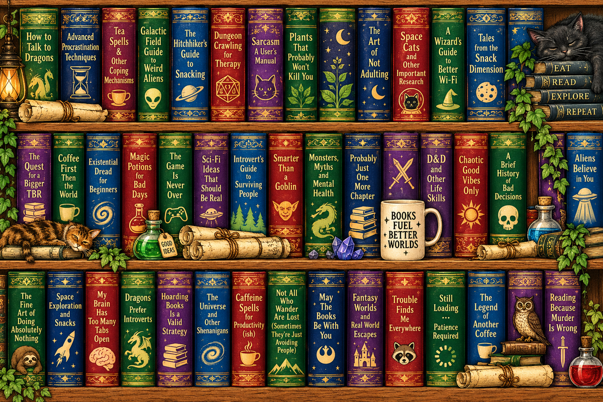 A decorative bookshelf filled with colorful illustrated vintage books, scrolls, jars, and small fantasy-themed props. No person or real environment is present; this is a clean product-style presentation of wall art/decor, so Product/Packaging fits better than Lifestyle or Scenery.