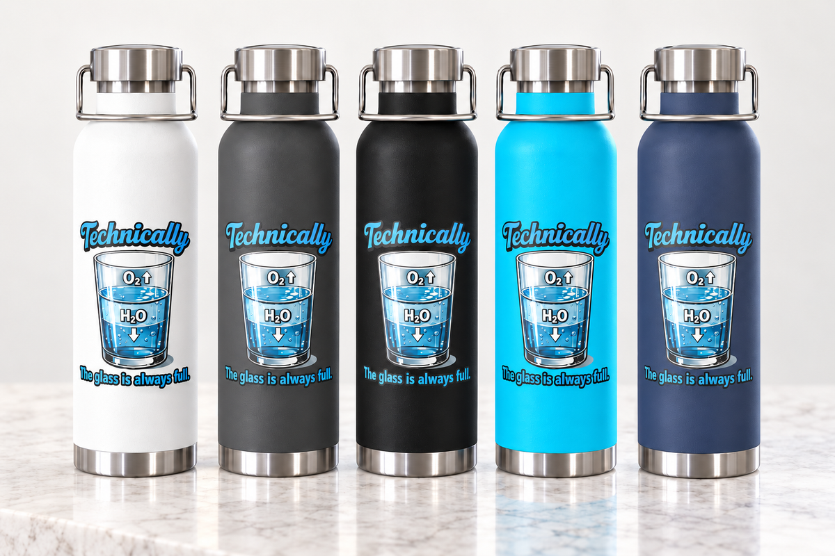 Five insulated stainless steel water bottles with carry handles are lined up on a light marble surface. The bottles are shown in white, charcoal gray, black, bright blue, and navy blue, each printed with a humorous graphic of a glass labeled 'Technically the Glass s always full