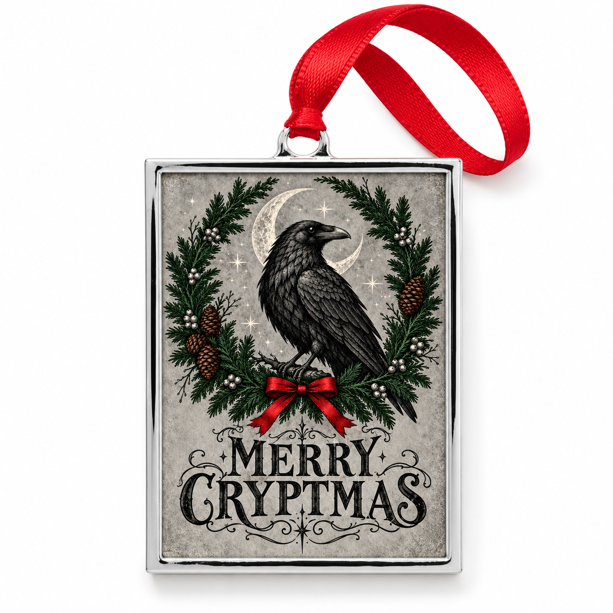 A rectangular Christmas ornament with a silver border featuring a black raven perched on a green wreath with pinecones and a red bow, above the words “Merry Cryptmas,” with a red ribbon loop at the top, shown on a white background.