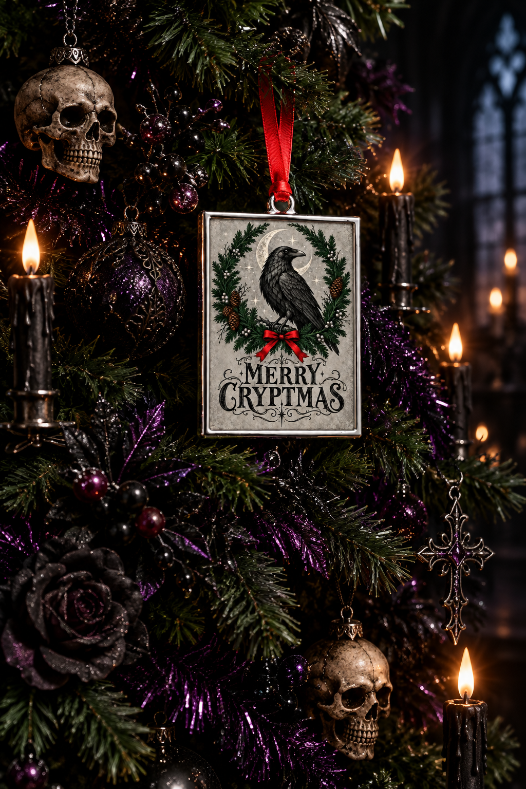 A rectangular Christmas ornament with a silver border hangs from a red ribbon. The ornament features a black raven inside a green wreath with pinecones and a red bow, above the words “MERRY CHRISTMAS” in black script.hanging from a gothic Cristman tree