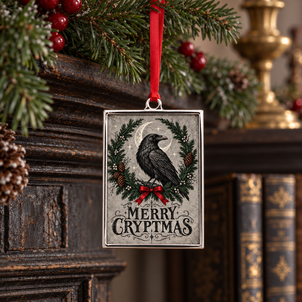 A rectangular Christmas ornament with a silver border hangs from a red ribbon. The ornament features a black raven inside a green wreath with pinecones and a red bow, above the words “MERRY CHRYPTMAS” in black script.
