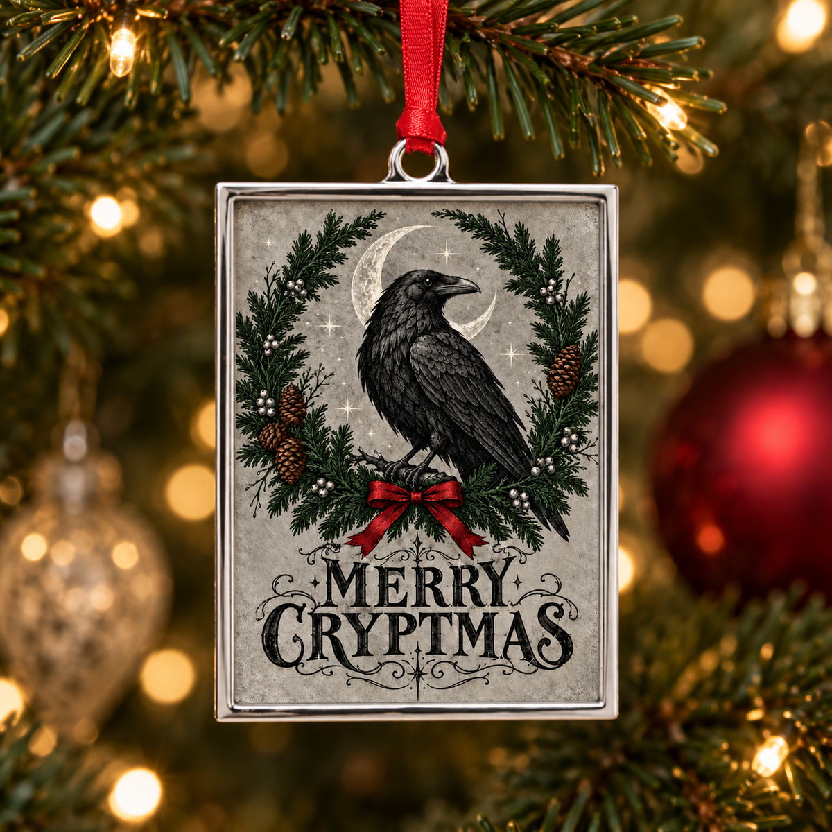 A rectangular Christmas ornament hanging from a red ribbon, featuring a black raven under a crescent moon surrounded by a green wreath with pinecones and the words “MERRY CRYPTMAS” on a gray background, photographed in front of a lit Christmas tree.