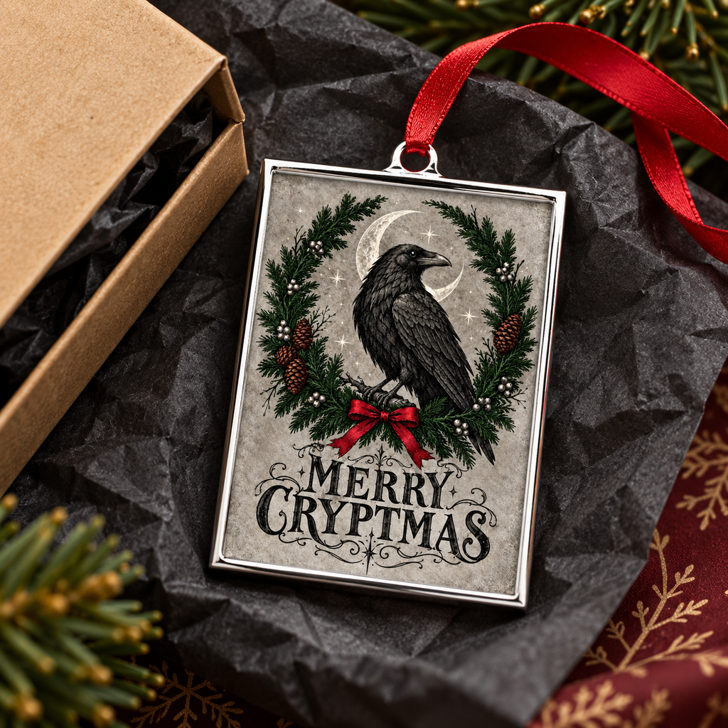 A rectangular silver-framed Christmas ornament featuring a black raven perched in a green wreath with pinecones, a crescent moon, and the words “Merry Cryptmas,” hanging from a red ribbon on black tissue paper with a kraft box nearby.