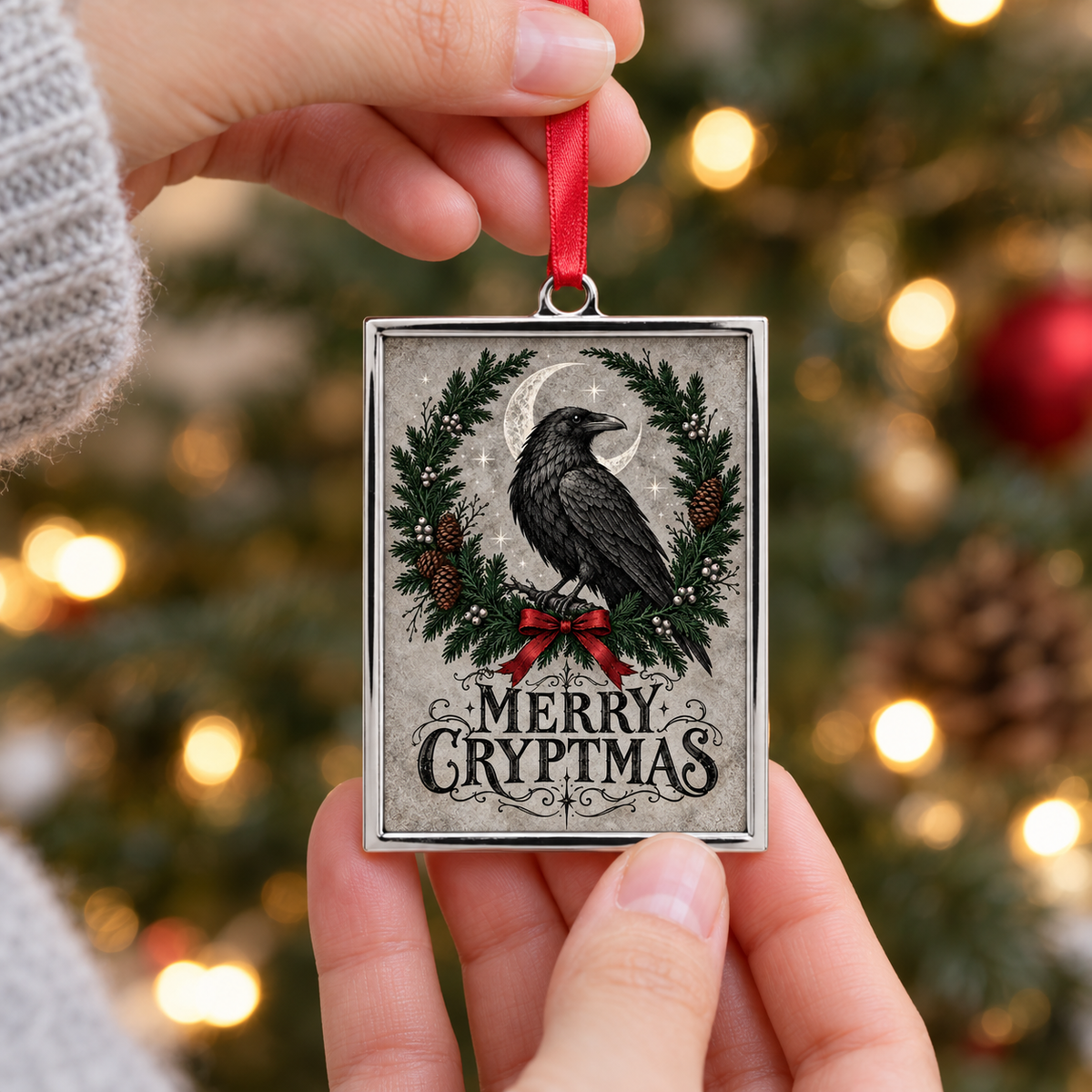 A hand holds a square Christmas ornament featuring a black raven in a green wreath with a red bow and the text 'Merry Cryptmas' on a gray background, with blurred Christmas lights and tree branches behind it.
