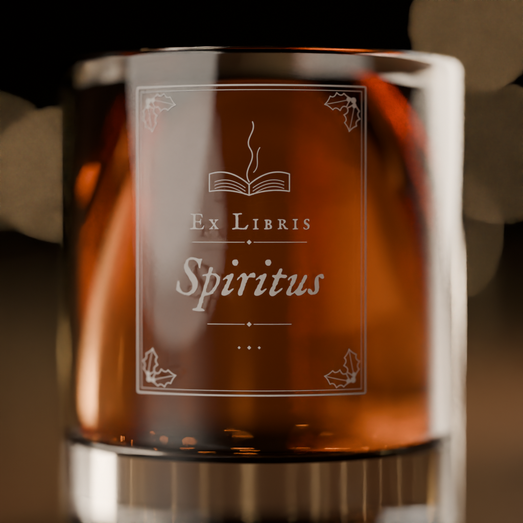 A close-up of a clear glass tumbler with amber liquid inside, featuring a frosted white engraved label that reads 'EX LIBRIS Spiritus' with an open book icon and decorative corner flourishes.