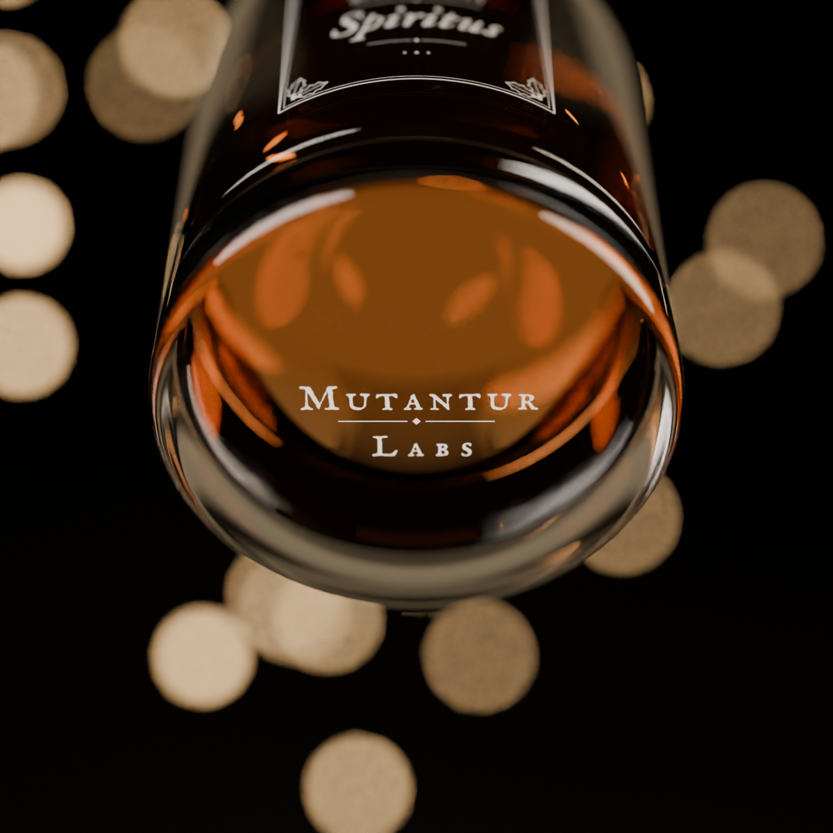 A close-up of a clear bottom of the glass tumbler filled with amber liquid, photographed from above against a black background with soft golden bokeh lights. The brand name 'MUTANTUR LABS' is printed on the glass.