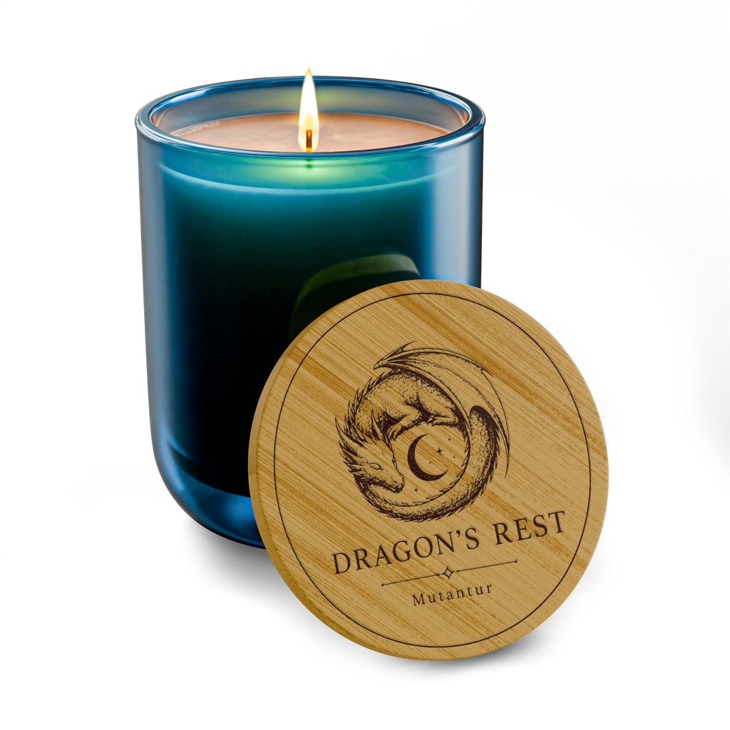 Dragon's Rest Emblem Soy Candle — 14oz Scented Candle with Engraved Bamboo Lid - Mutantur Labs LLC