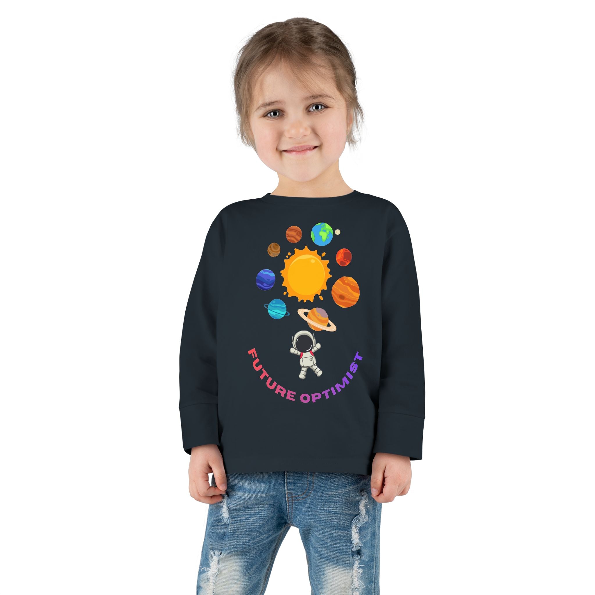 Future Optimist Astronaut toddler long sleeve tee | Solar System planets design - Mutantur Labs LLC