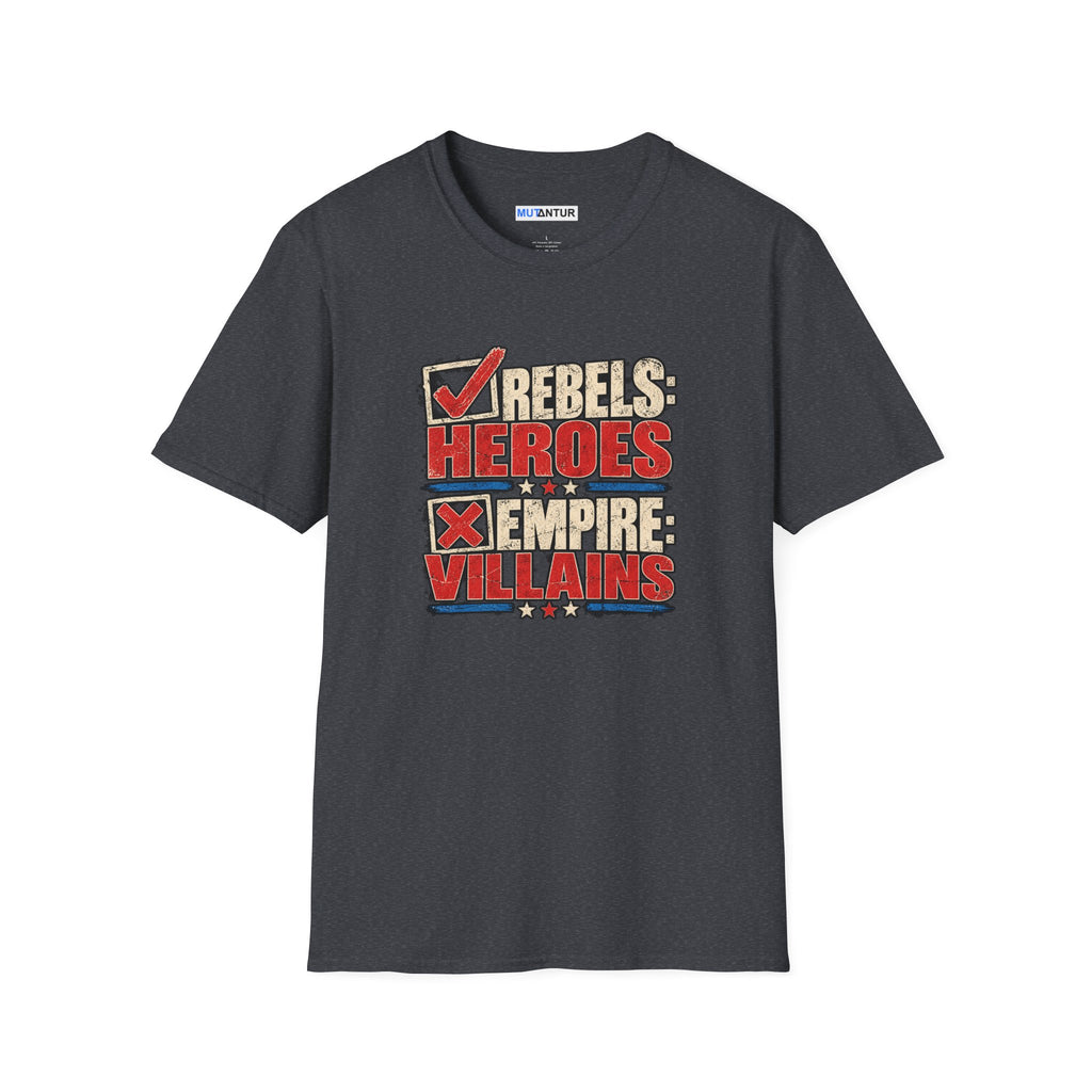 A dark gray heather crewneck t-shirt featuring a graphic print on the front with the text 'REBELS HEROES EMPIRE VILLAINS' in red, white, and blue, styled with stars and checkmarks.