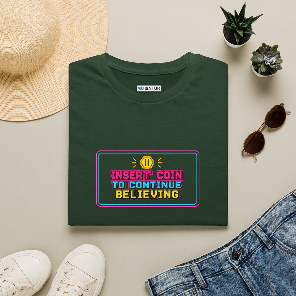 Insert Coin To Continue Believing T-Shirt | Retro Arcade Gamer Tee
