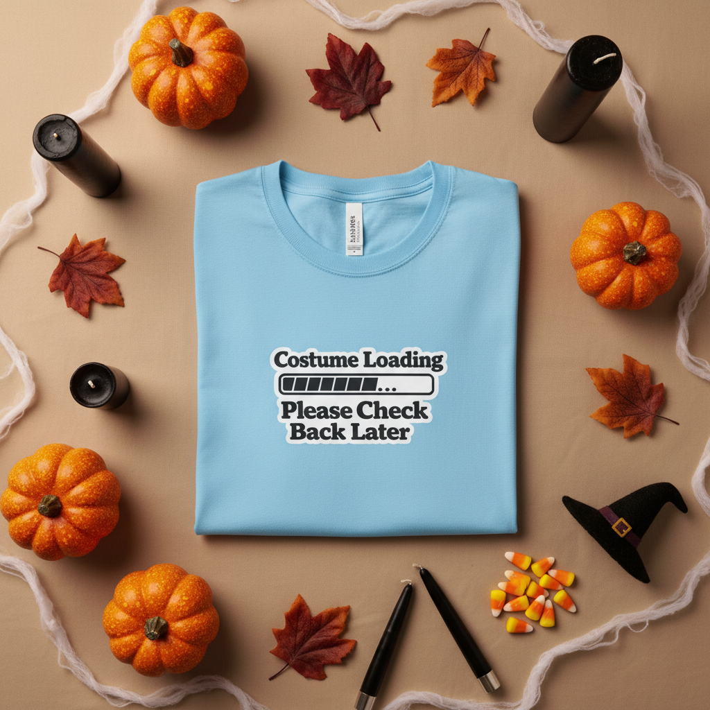 Blue crewneck t-shirt with a black graphic print on the chest that reads 'Costume Loading Please Check Back Later' with a progress bar,