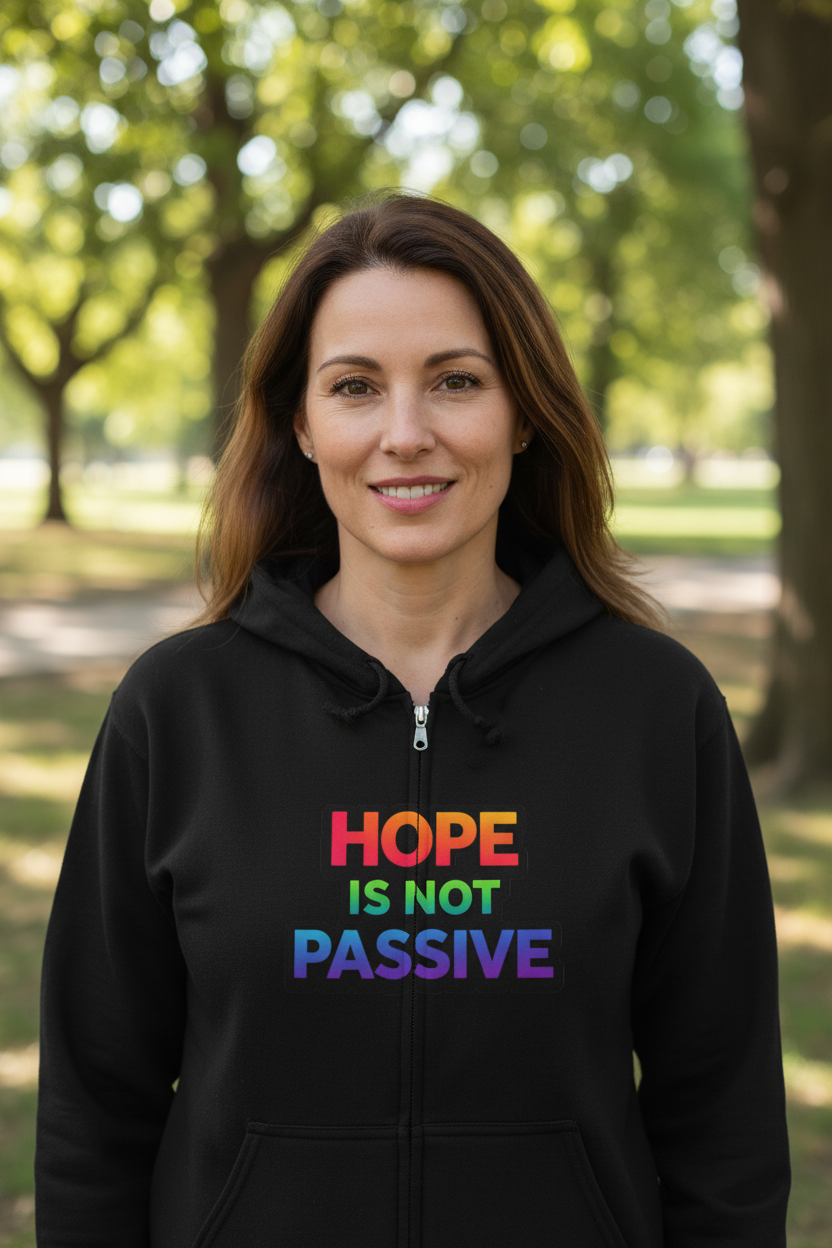 Hope Is Not Passive Hoodie | Rainbow Statement Graphic Pullover - Mutantur Labs LLC