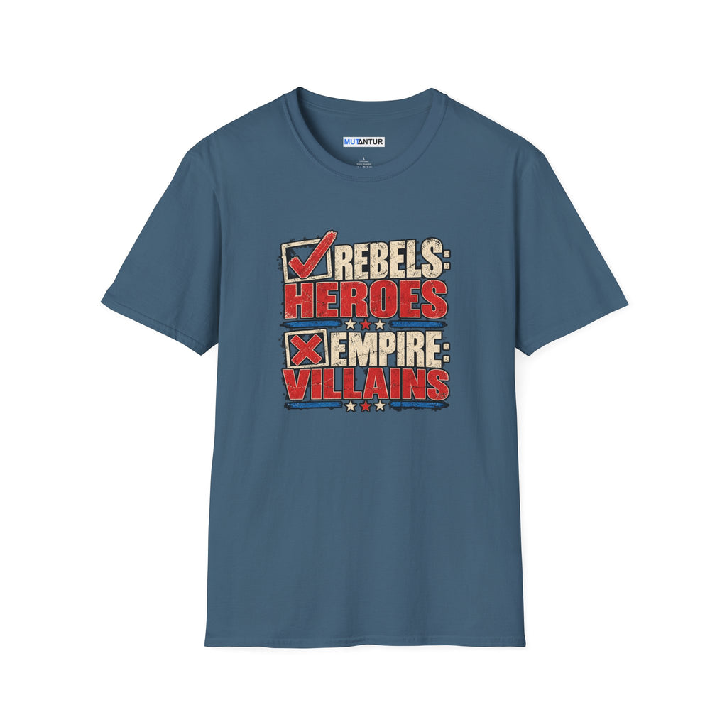 A slate blue crew neck  short-sleeve t-shirt with a graphic print on the front reading 'REBELS HEROES EMPIRE VILLAINS' in red, beige, and white block letters, displayed on a solid white background.