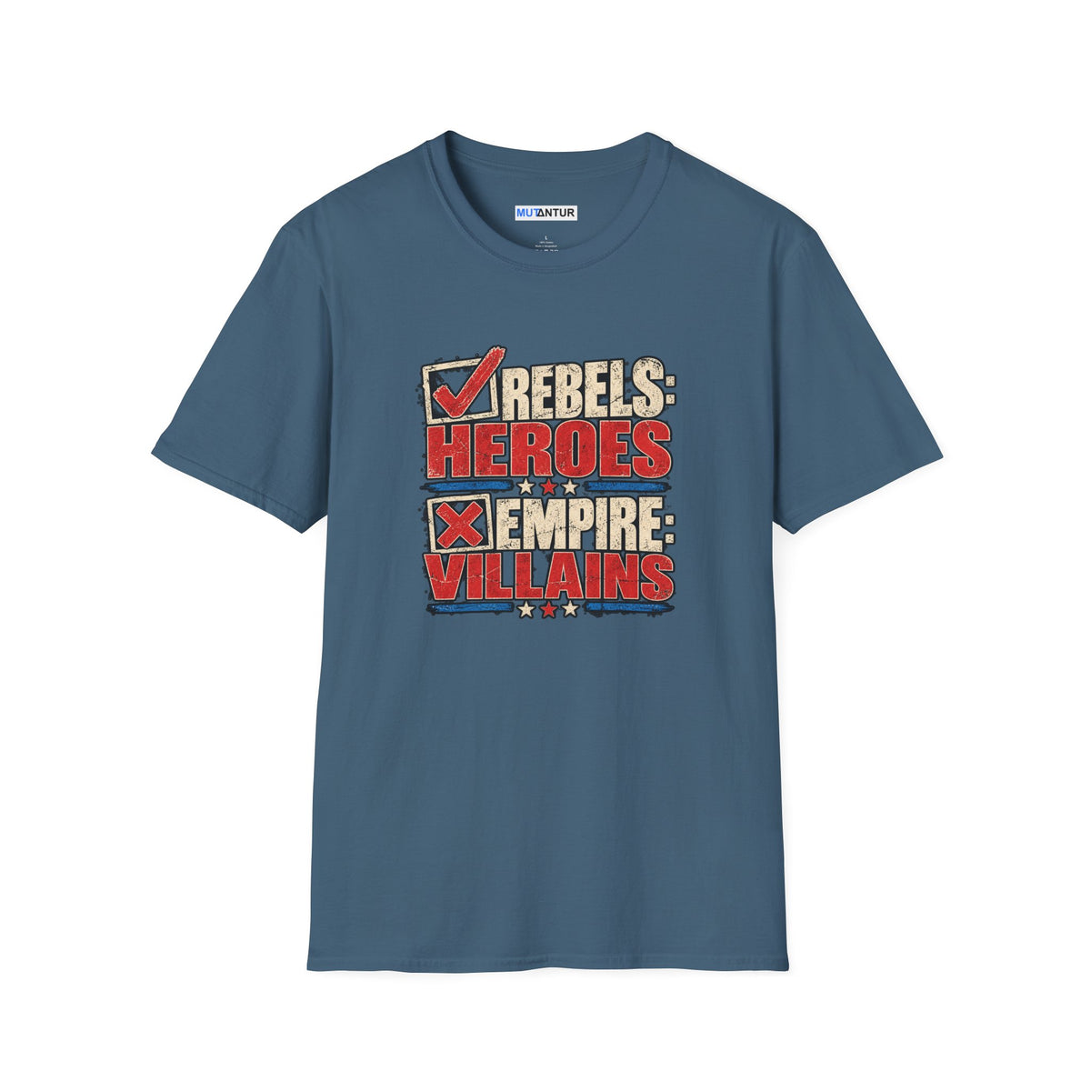 A slate blue crew neck  short-sleeve t-shirt with a graphic print on the front reading 'REBELS HEROES EMPIRE VILLAINS' in red, beige, and white block letters, displayed on a solid white background.