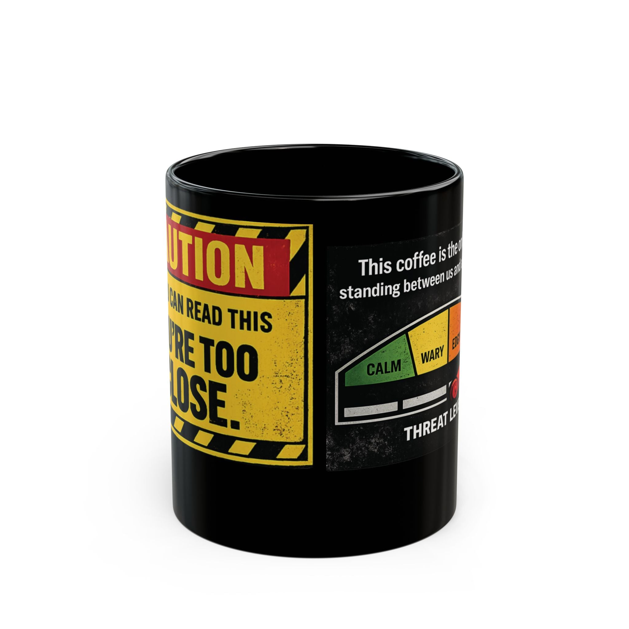 Coffee Threat Level Gauge Mug | Funny Black Ceramic Coffee Cup - Mutantur Labs LLC