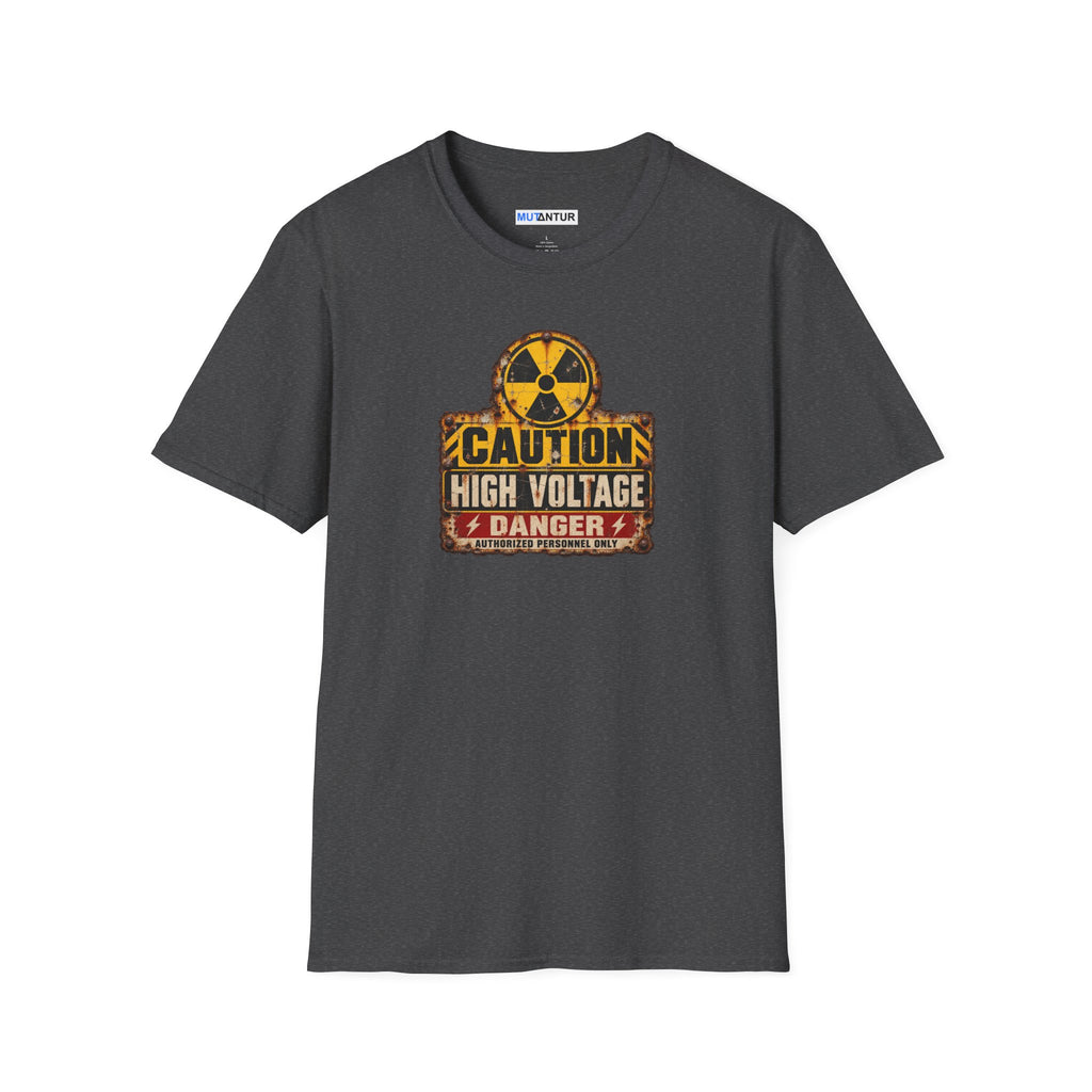  a gray short sleeved  crewneck t shirt with a yellow, black, and CAUTION HIGH VOLTAGE sign design with the word DANGER below against a white background