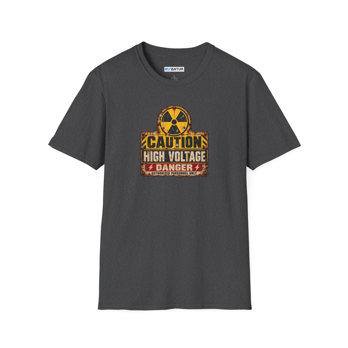  a gray short sleeved  crewneck t shirt with a yellow, black, and CAUTION HIGH VOLTAGE sign design with the word DANGER below against a white background