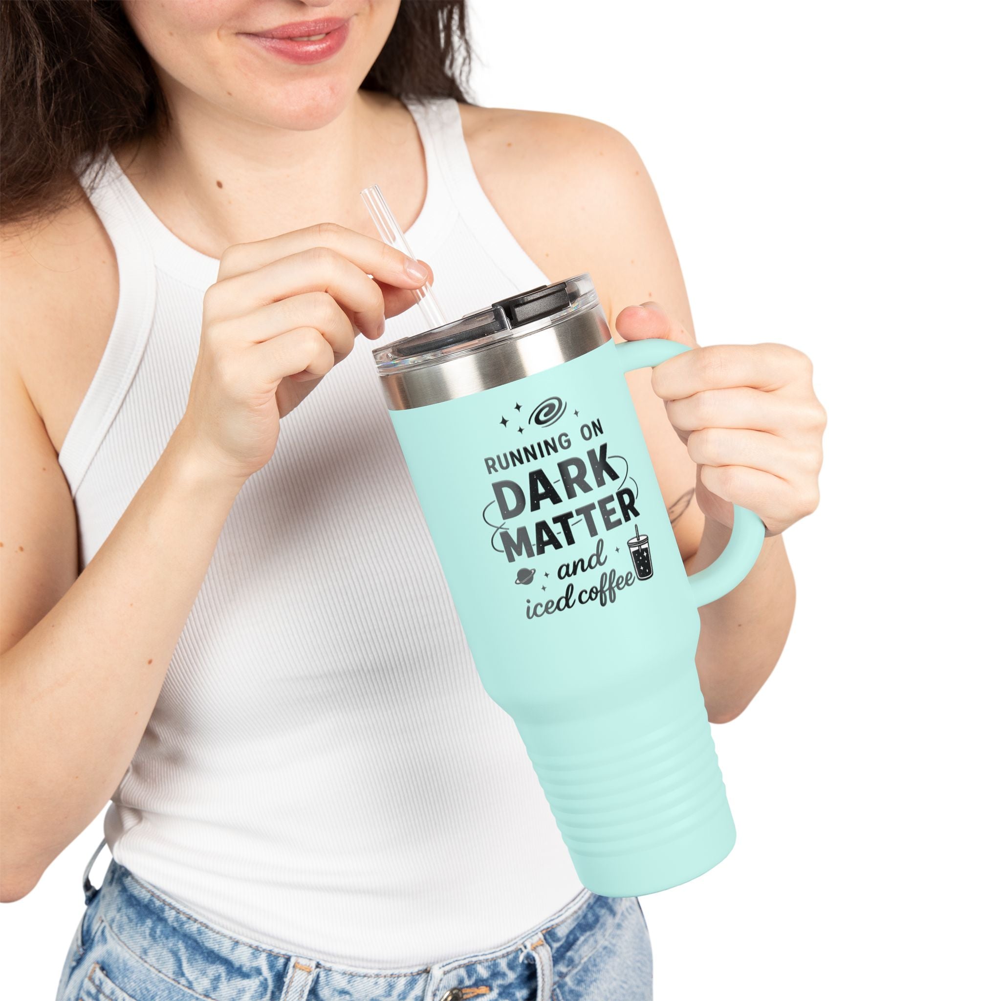 Running on Dark Matter and Iced Coffee 40oz Travel Mug — Gift for Science Lovers - Mutantur Labs LLC