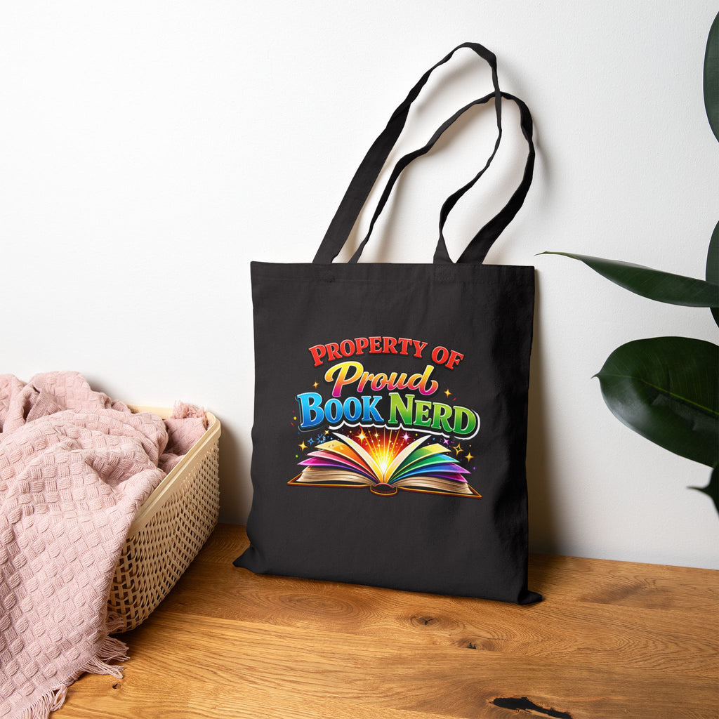 Tote Bag — "Property of Proud Book Nerd" Colorful Open Book Library Tote - Mutantur Labs LLC