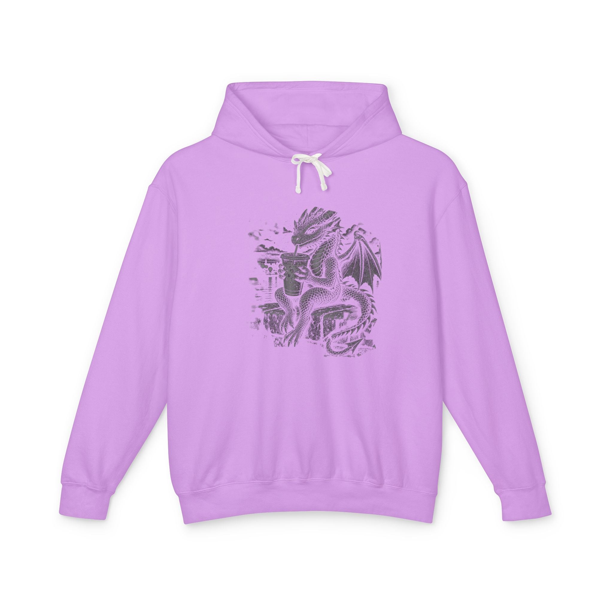 A light purple/lavender pullover hoodie with a white drawstring and a dark gray dragon graphic printed on the chest, displayed against a solid white background.