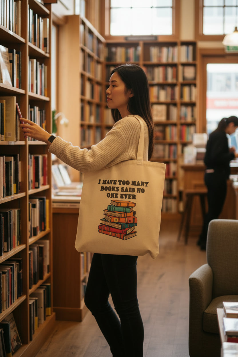 Book Lover Tote Bag — "I Have Too Many Books Said No One Ever" Cotton Canvas Tote - Mutantur Labs LLC