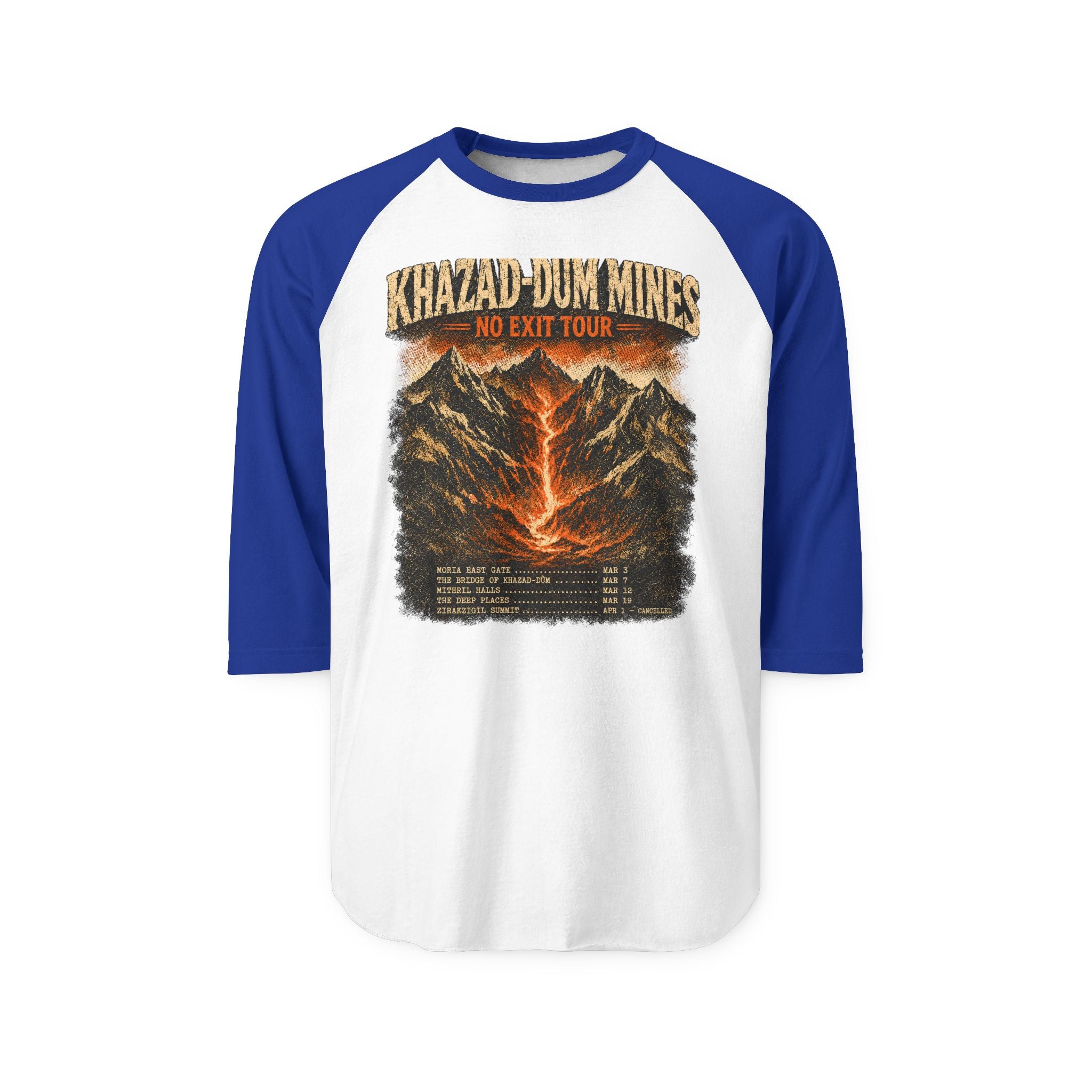 Khazad-Dûm Mines Tour Raglan Shirt — "No Exit Tour" Mountain Volcano Graphic