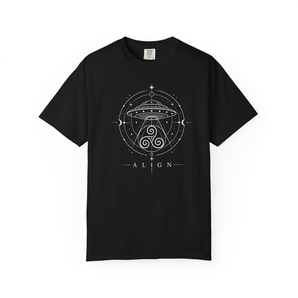 A black  t-shirt with a white line design of a flying saucer with an Irisk triskele below and the words ' ALIGN' against a white background 