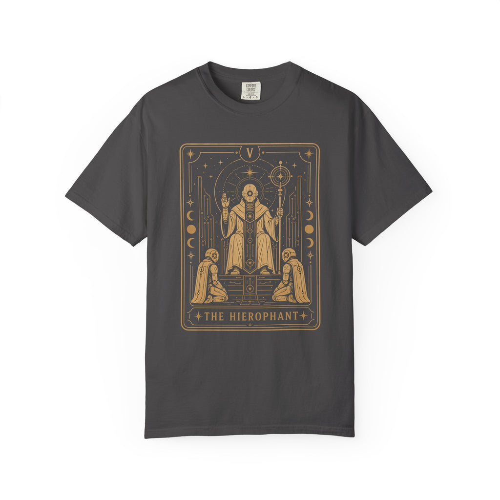 A gray  t-shirt featuring The Hierophant from the Future Arcana collection, inspired by The Hierophant tarot card. A futuristic cosmic scholar is framed by celestial Art Deco details in elegant gold line art on a transparent background.
