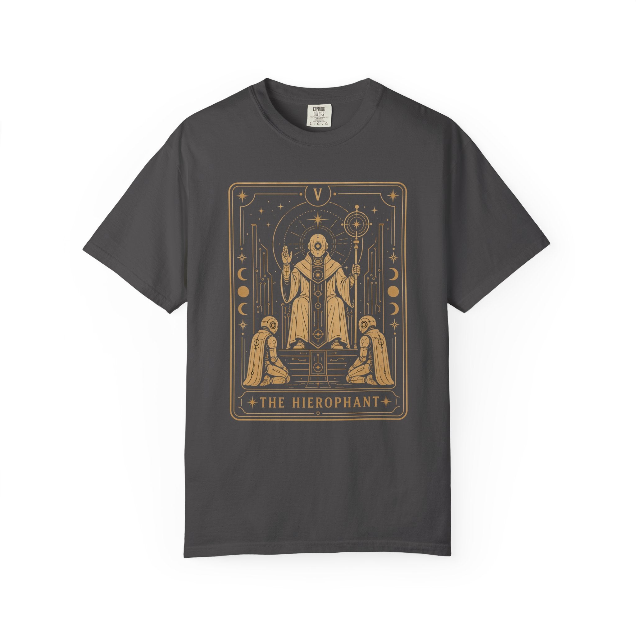 A gray  t-shirt featuring The Hierophant from the Future Arcana collection, inspired by The Hierophant tarot card. A futuristic cosmic scholar is framed by celestial Art Deco details in elegant gold line art on a transparent background.