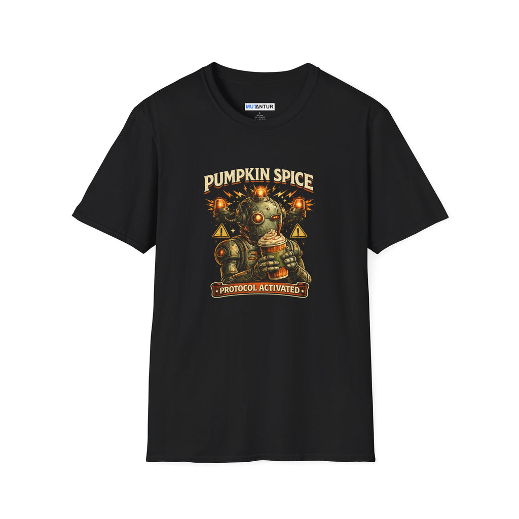 A black short-sleeve crewneck t-shirt featuring a retro sci-fi graphic of a robot holding a pumpkin spice latte, with the text 'PUMPKIN SPICE' and 'PROTOCOL ACTIVATED'.