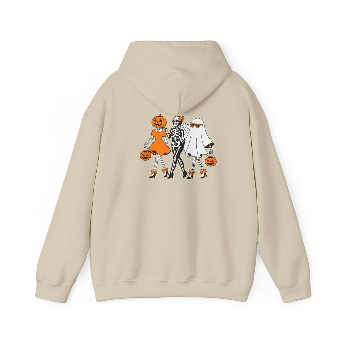 A beige pullover hoodie shown from the back, featuring a graphic print of three Halloween characters: a pumpkin-headed girl in an orange dress, a skeleton in black and white, and a ghost in white holding a pumpkin.