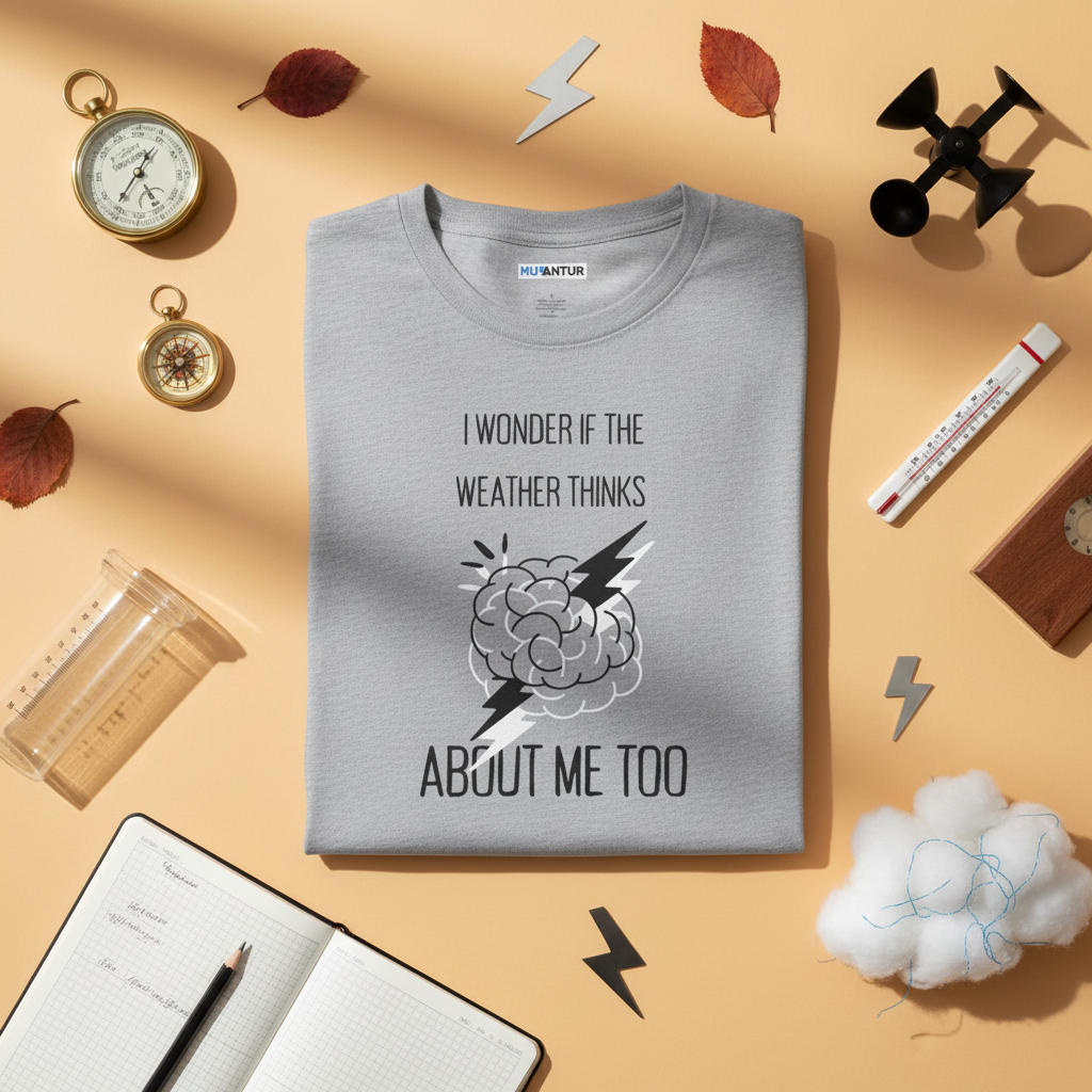 I Wonder If the Weather Thinks About Me Too T-Shirt, funny brain lightning tee, back view