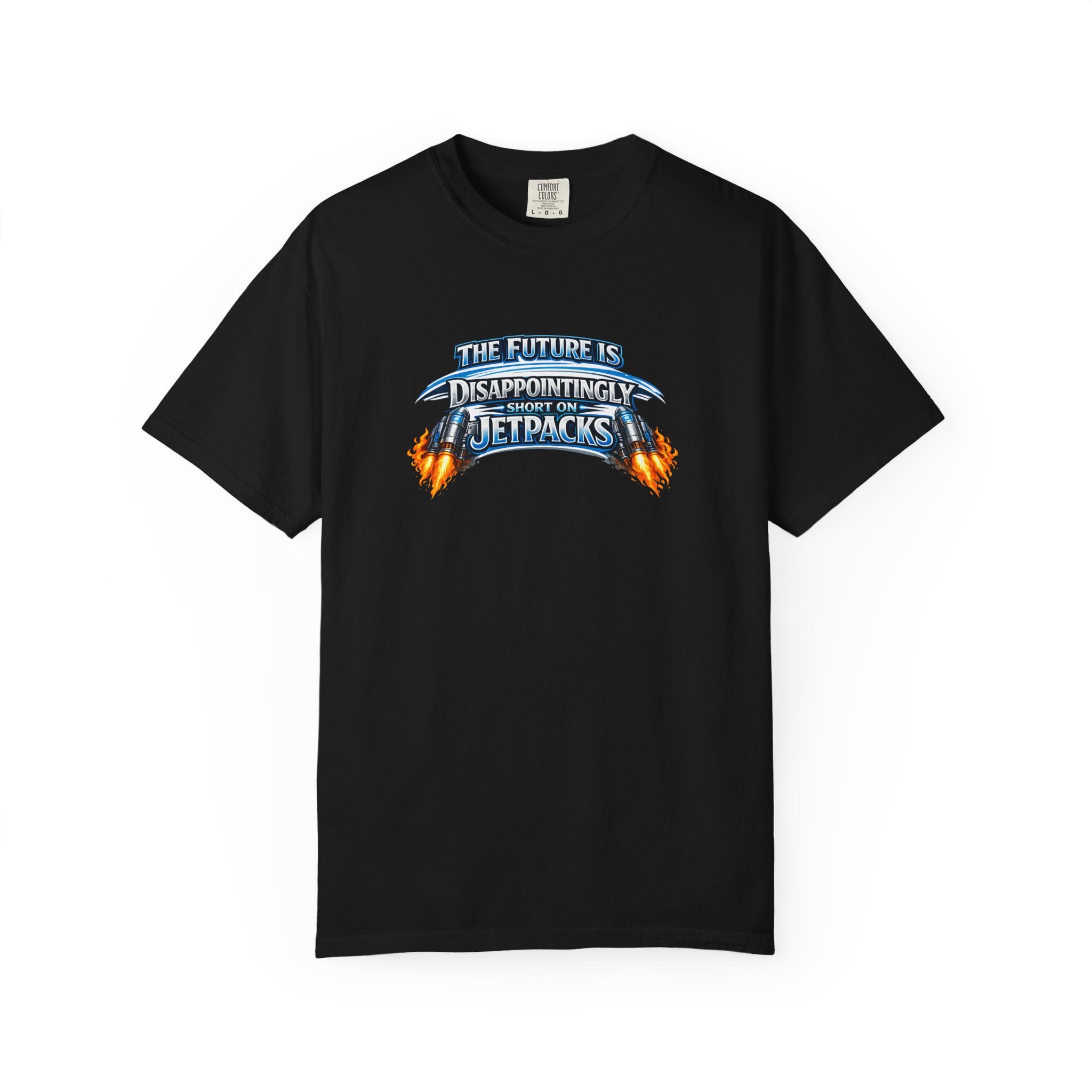 A black short-sleeve crewneck t-shirt featuring a graphic print on the chest that reads 'THE FUTURE IS DISAPPOINTINGLY SHORT ON JETPACKS' in stylized blue and orange lettering with flame effects.