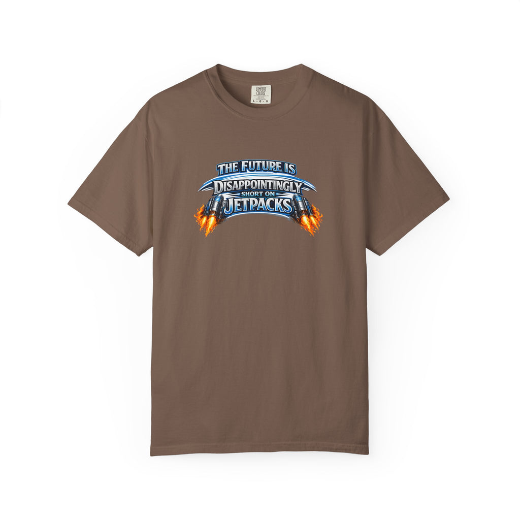 A brown short-sleeve crewneck t-shirt featuring a graphic print on the chest that reads 'THE FUTURE IS DISAPPOINTINGLY SHORT ON JETPACKS' in stylized blue and orange lettering with flame effects.