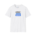 A white short-sleeve crewneck t-shirt with a graphic printed on the chest. The graphic features a black speech bubble reading 'I ASKED AI FOR ADVICE' and a blue speech bubble reading 'IT TOLD ME TO BELIEVE IN MYSELF TOO'.