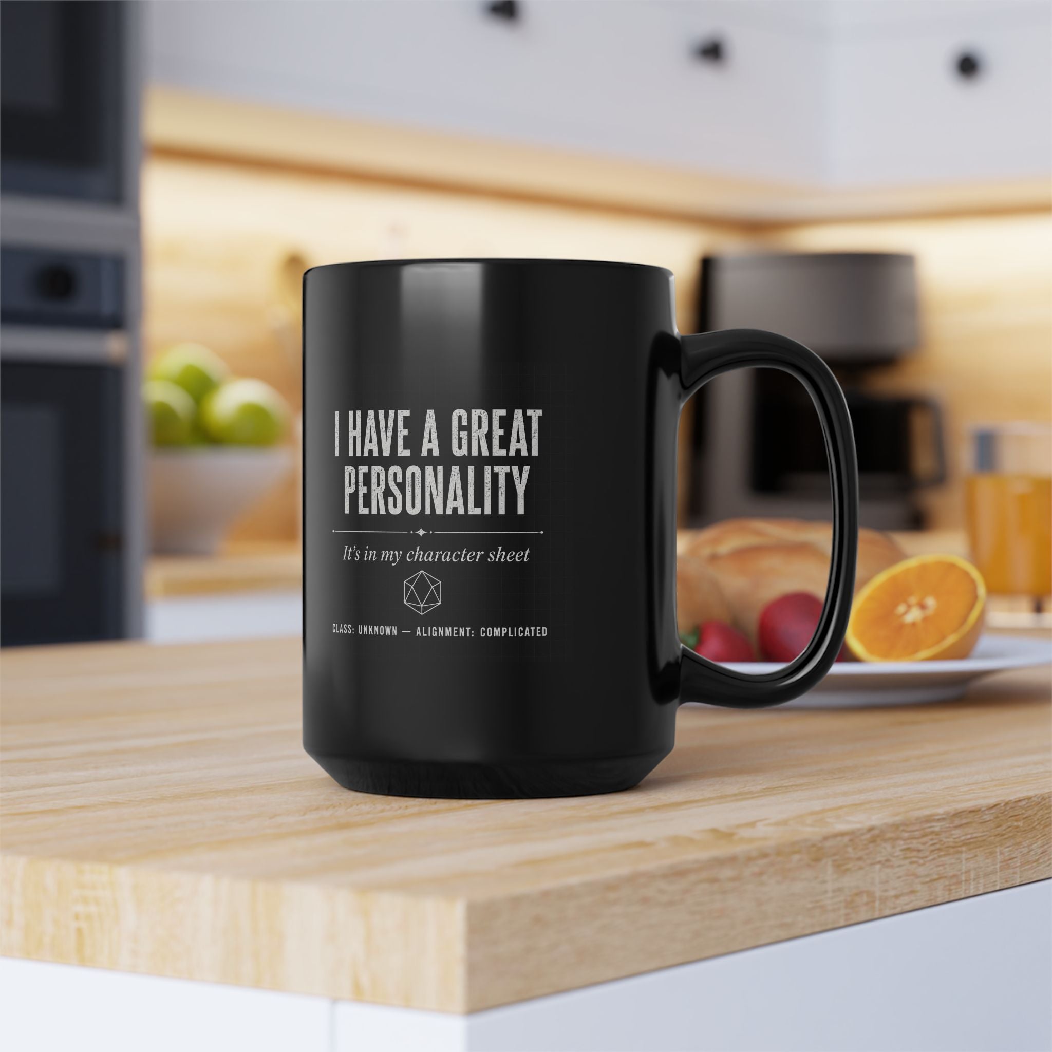 Mug — "I Have a Great Personality" RPG Character Sheet Coffee Mug (Black, 15oz)