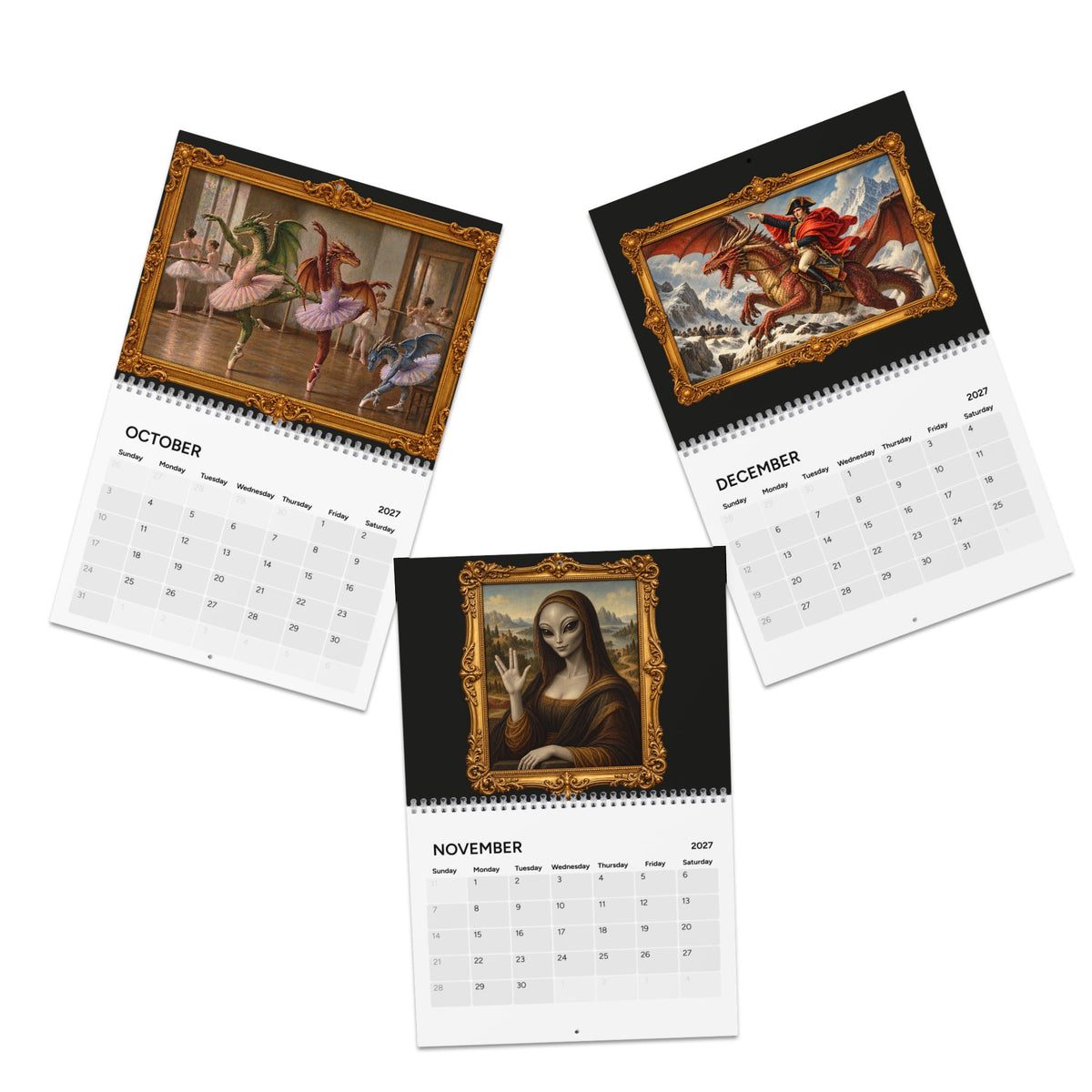 Three spiral-bound wall calendars displayed on a white background, each featuring a different classical painting: a ballet scene in October, a warrior on horseback in December, and the Alien Mona Lisa in November.