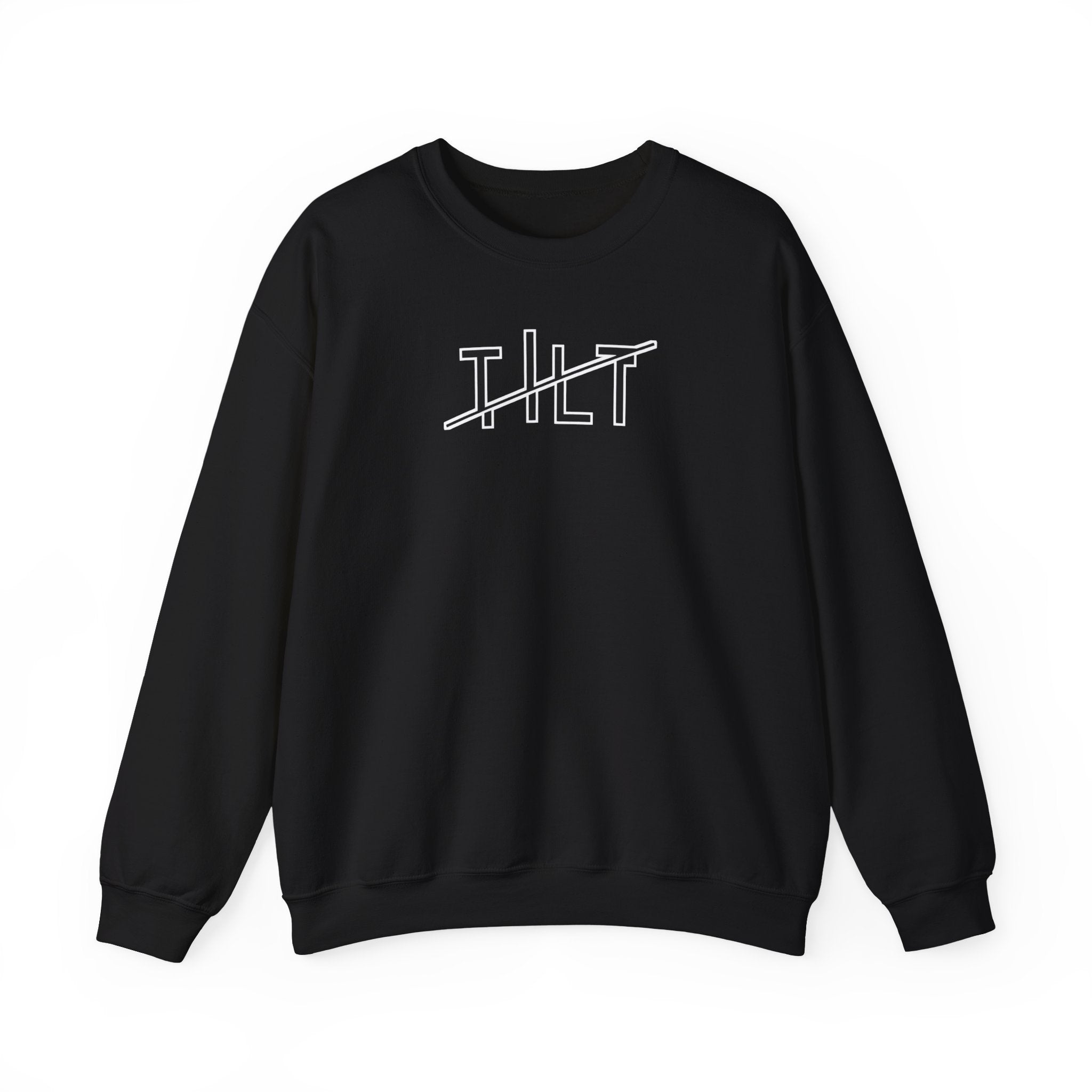 A black sweatshirt with a stylized graphic off-set text that says TILT against  a white background