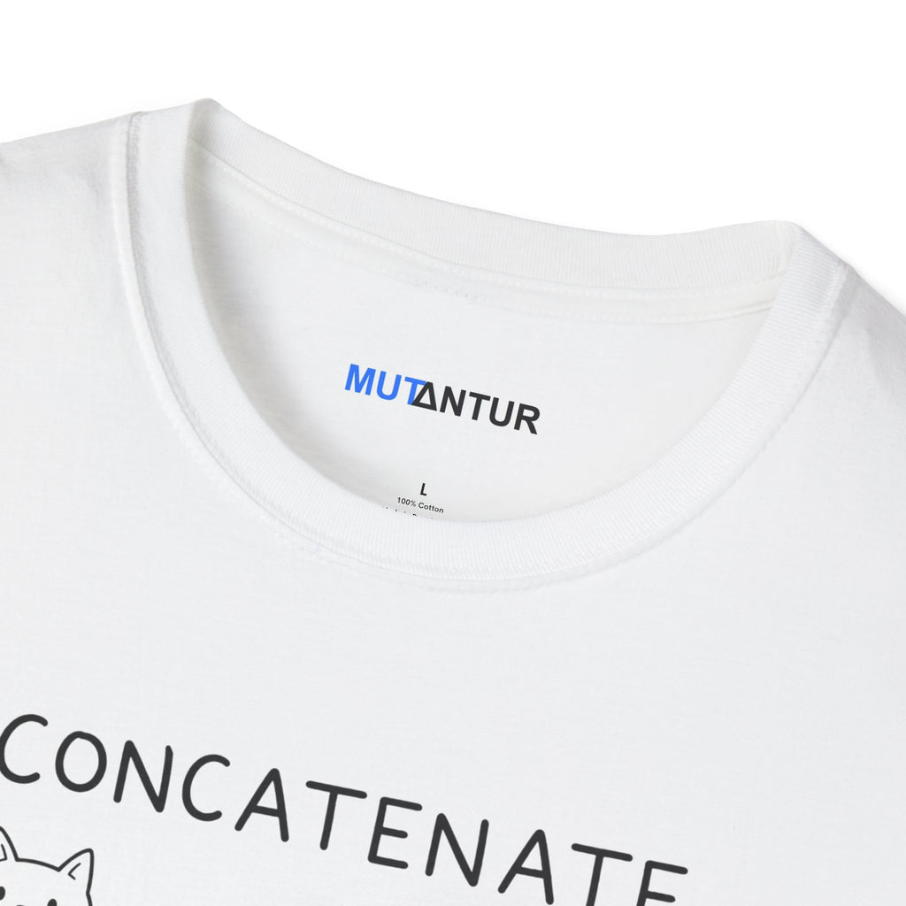 Concatenate Cat T-Shirt — Cute Programming/Cat Lover Tee ("Bringing cats together one string at a time")