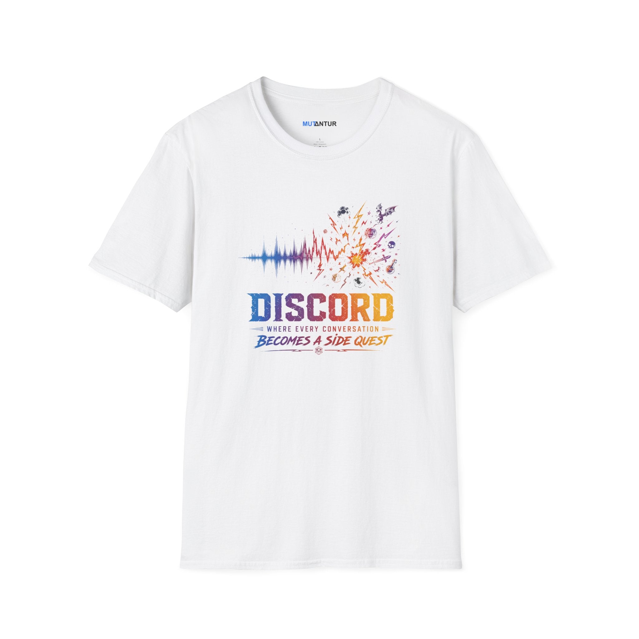 A white short-sleeve crewneck t-shirt featuring a colorful graphic on the front with an audio waveform, a paint splatter, and the text 'DISCORD' and 'WHERE EVERY CONVERSATION BECOMES A SIDE QUEST'.
