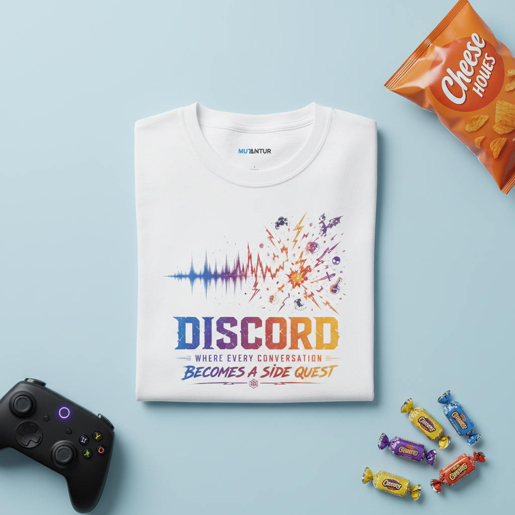 A white short-sleeve crewneck t-shirt featuring a colorful graphic on the front with an audio waveform, a paint splatter, and the text 'DISCORD' and 'WHERE EVERY CONVERSATION BECOMES A SIDE QUEST'.