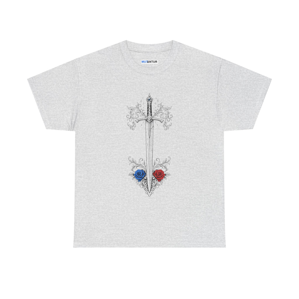Sword and Roses Graphic Tee — Gothic Floral Sword T‑Shirt (Red & Blue Roses) - Mutantur Labs LLC