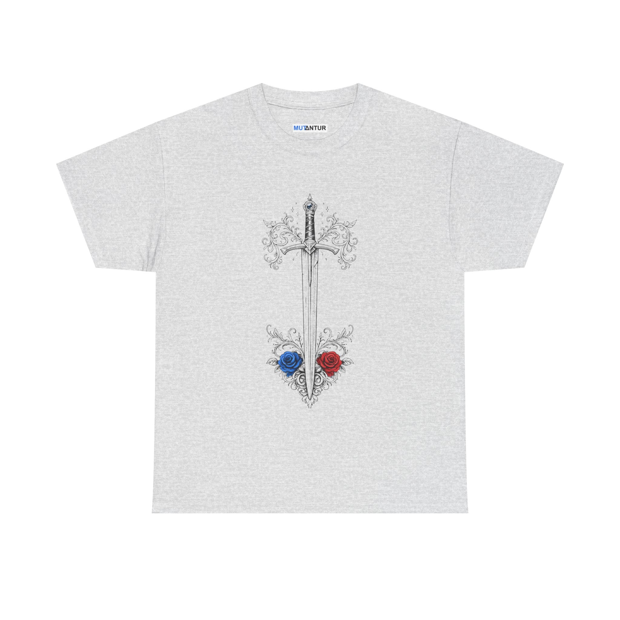 Sword and Roses Graphic Tee — Gothic Floral Sword T‑Shirt (Red & Blue Roses) - Mutantur Labs LLC